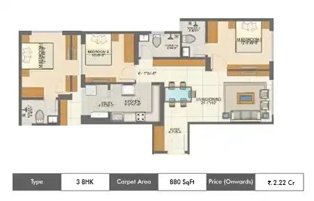 3 BHK 880 SqFt